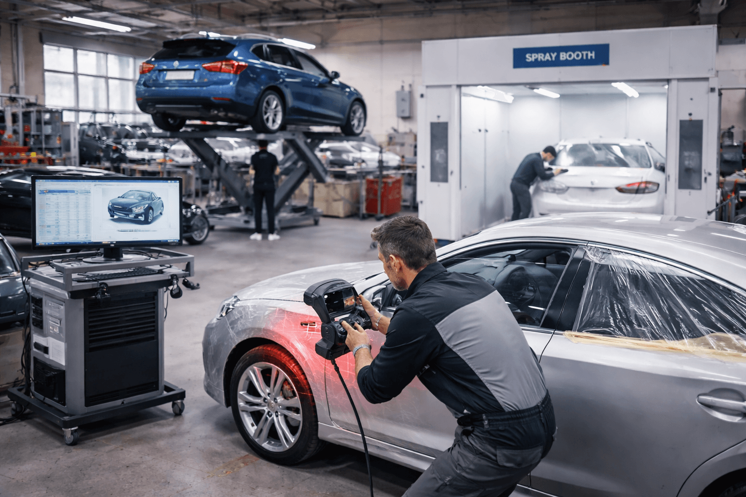 Technician working on car in spray booth