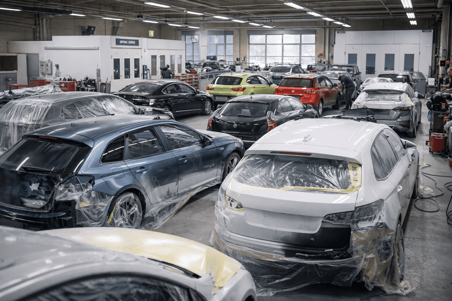 Technician working on car in spray booth